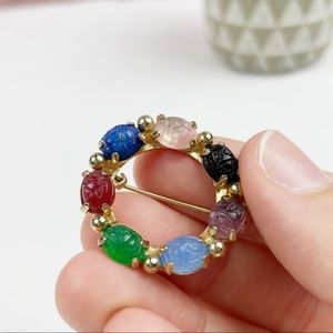 Colorful Circle Round Gold Toned Pin Brooch Vintage Red Green Blue Women Jewelry